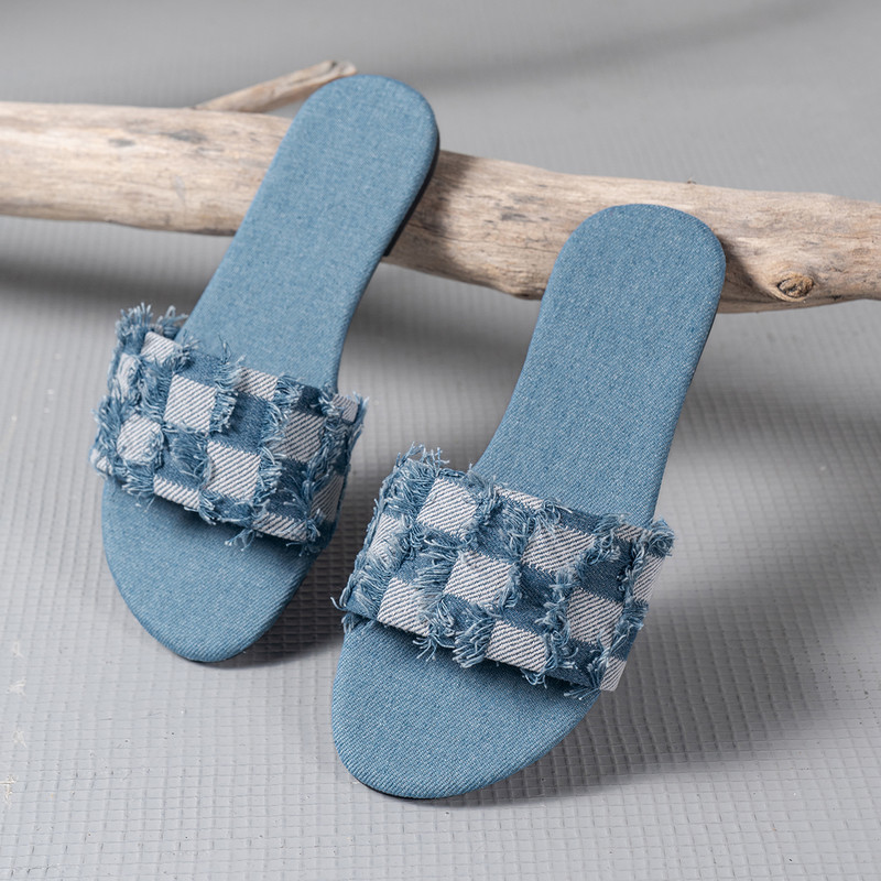 Pantofi de vară din denim, papuci de plajă, de lux, în aer liber, sandale pentru femei, pantofi cu design în carouri, pantofi femei, mărimea 43 2024