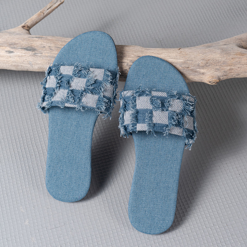 Pantofi de vară din denim, papuci de plajă, de lux, în aer liber, sandale pentru femei, pantofi cu design în carouri, pantofi femei, mărimea 43 2024