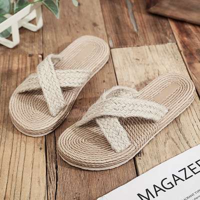 Minimalista keresztszalagos női csúszdás szandálok strand kender kötél csúszdák Espadrille papucsok két szalmapántos cipők