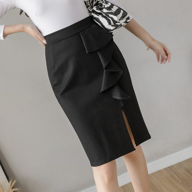 Túlméretezett, magas derekú fekete szoknyák női 2023 divat fodrok Bodycon szexi szoknya Elegáns koreai ruhák irodai női ceruza szoknya