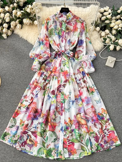 Divat tavaszi nyár strand virágos sifon ruha női hosszú, lámpás ujjú, ünnepi nyomattal, fűzős öv Boho laza köntös Vestido