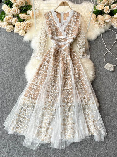 Új divatos női hímzett virágos ruha, női V nyakú, fél ujjú, elegáns vintage pontozott hálós patchwork, csipke, hosszú melltartók