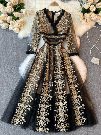 Új divatos női hímzett virágos ruha, női V nyakú, fél ujjú, elegáns vintage pontozott hálós patchwork, csipke, hosszú melltartók