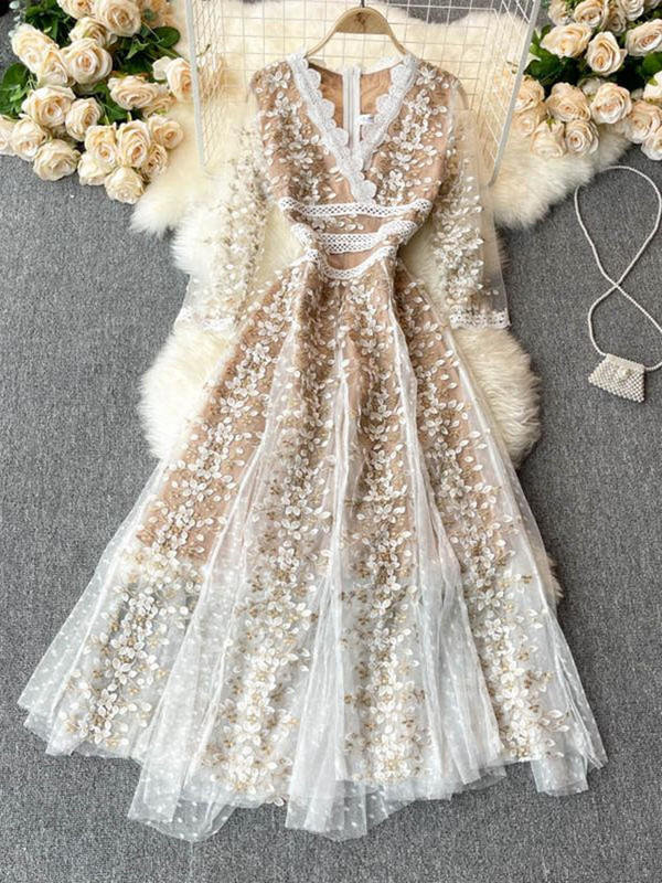 Új divatos női hímzett virágos ruha, női V nyakú, fél ujjú, elegáns vintage pontozott hálós patchwork, csipke, hosszú melltartók