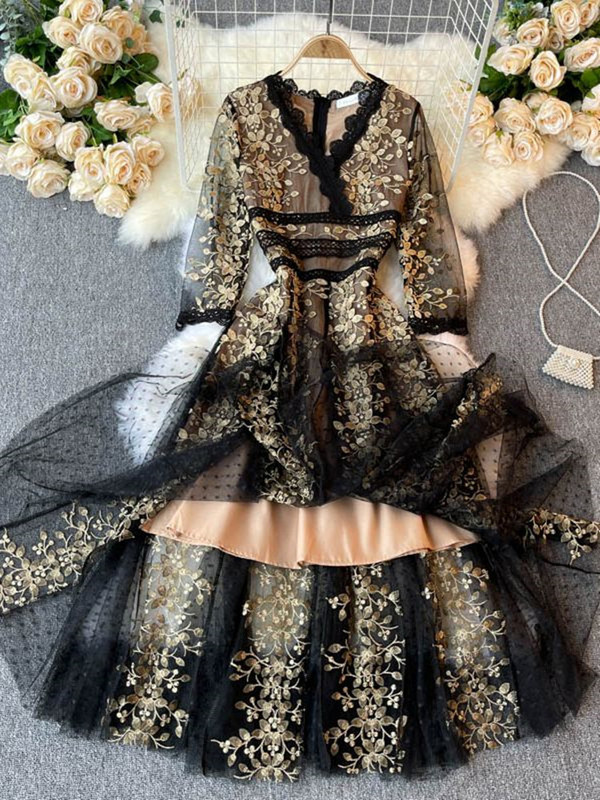 Új divatos női hímzett virágos ruha, női V nyakú, fél ujjú, elegáns vintage pontozott hálós patchwork, csipke, hosszú melltartók