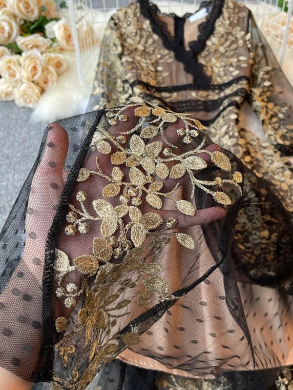 Új divatos női hímzett virágos ruha, női V nyakú, fél ujjú, elegáns vintage pontozott hálós patchwork, csipke, hosszú melltartók