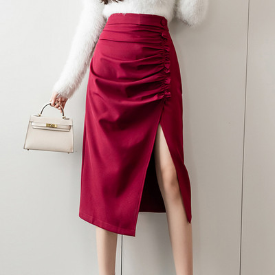 Fuste midi pentru femei, modele care se potrivesc, fuste midi pentru femei, fuste vintage coreene cu talie înaltă, pliuri șic, pantaloni de îmbrăcăminte de stradă casual