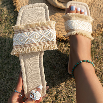 Καλοκαιρινές παντόφλες Γυναικείες Flat Fringe Luxury Outdoor Beach Flip Flops Γυναικεία σανδάλια Weave Design Slides Παπούτσια Γυναικεία 2024 Μέγεθος 43