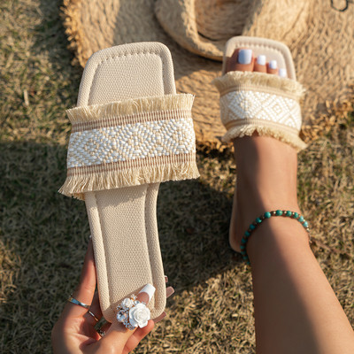 Papuci de vară pentru femei cu franjuri plate, pantofi de lux pentru plajă, în aer liber, sandale pentru femei, pantofi cu design țesut, pantofi pentru femei, mărimea 43 2024