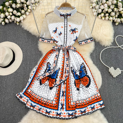 2024. aasta suvine liblikasprindiga võrkkleit, võrkkleit, vöökoht, seotud kaar, A-jooneline plisseeritud särk, naiste kleit