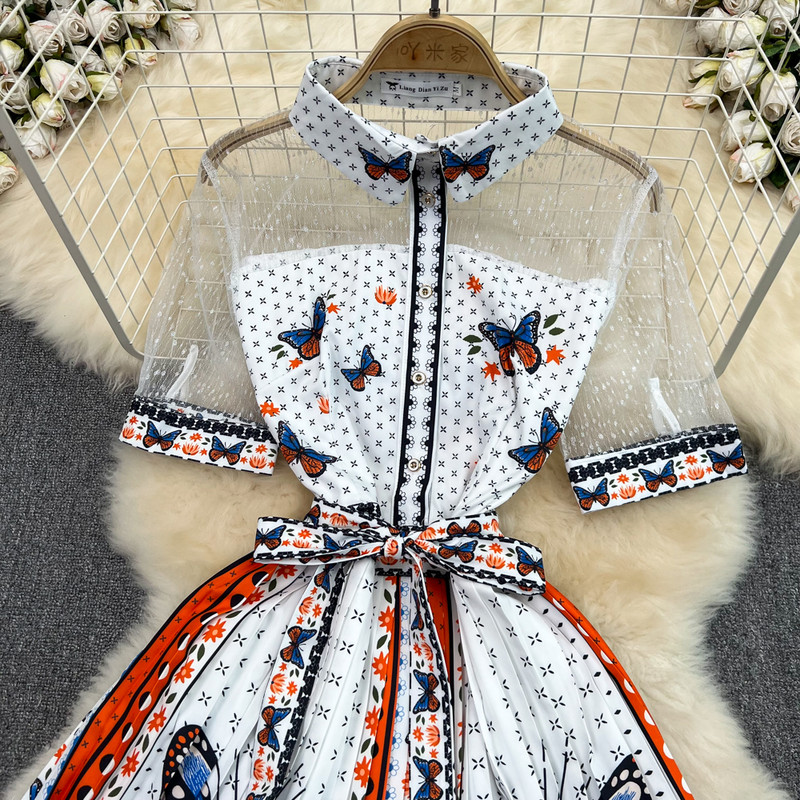 2024. aasta suvine liblikasprindiga võrkkleit, võrkkleit, vöökoht, seotud kaar, A-jooneline plisseeritud särk, naiste kleit