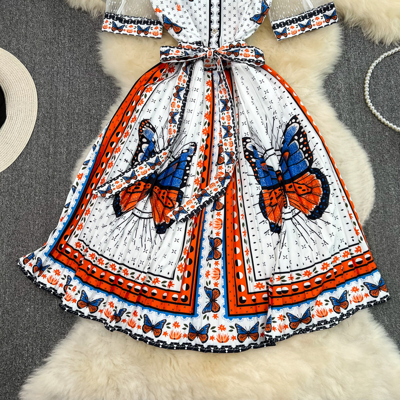 2024. aasta suvine liblikasprindiga võrkkleit, võrkkleit, vöökoht, seotud kaar, A-jooneline plisseeritud särk, naiste kleit