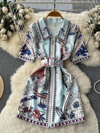 Nyári divat Retro cipzáras mini ruha női rövid ujjú hajtóka gallér Vintage virágmintás vonal öv Beach Vestidos
