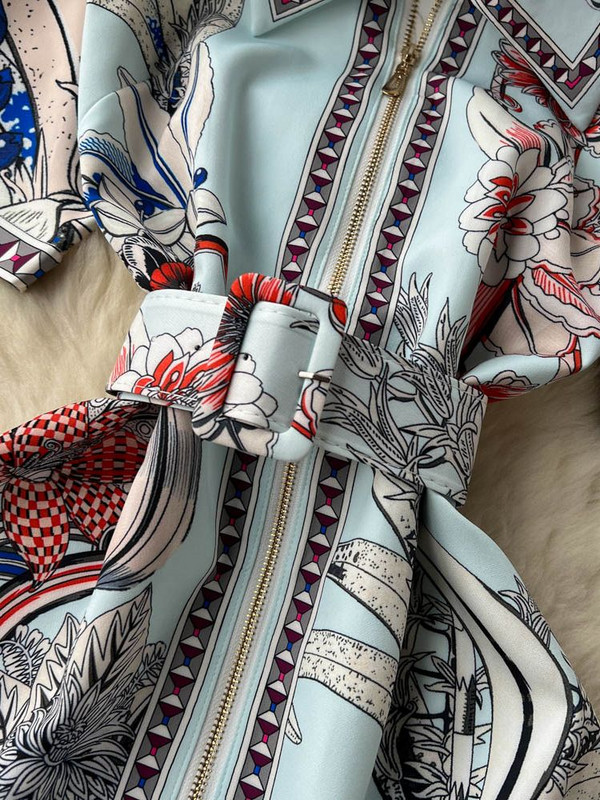 Καλοκαιρινή μόδα Ρετρό Μίνι Φόρεμα με φερμουάρ Γυναικείο κοντομάνικο γιακά με πέτο Vintage Flower Print A Line Belt Beach Vestidos