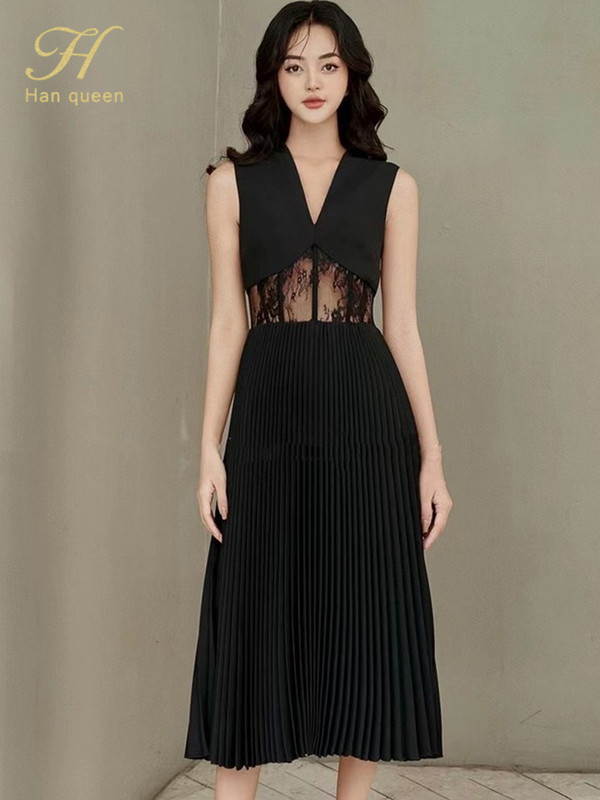 H Han Queen Κομψή δαντέλα Splicing Μακριά Γυναικεία Καλοκαιρινή Θήκη Φορέματα Γραφείου Επάγγελμα Εργασία A-Line Διαφανή πλισέ Vestidos