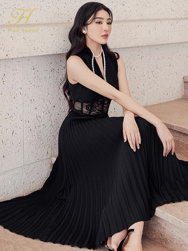 H Han Queen Κομψή δαντέλα Splicing Μακριά Γυναικεία Καλοκαιρινή Θήκη Φορέματα Γραφείου Επάγγελμα Εργασία A-Line Διαφανή πλισέ Vestidos