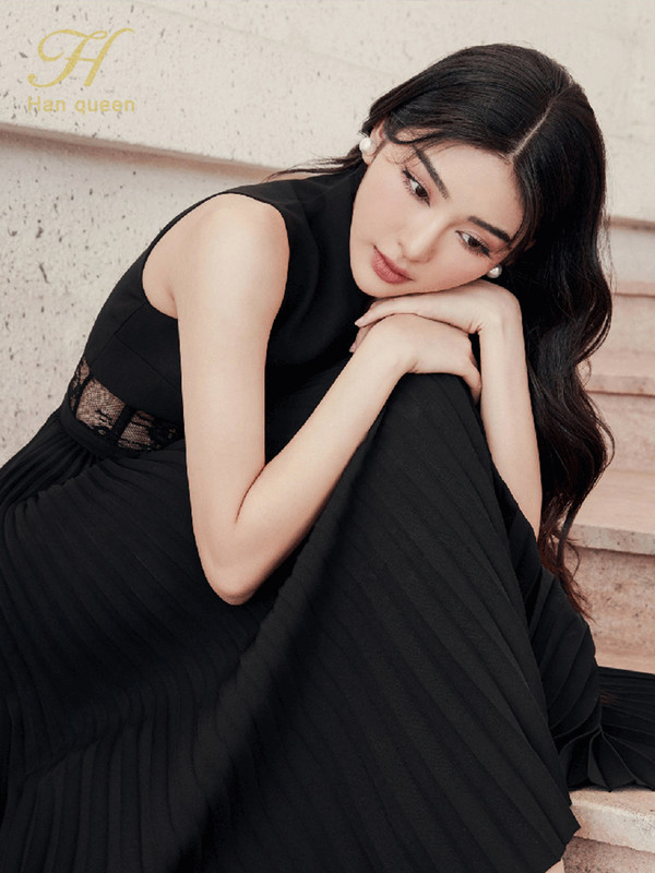 H Han Queen Κομψή δαντέλα Splicing Μακριά Γυναικεία Καλοκαιρινή Θήκη Φορέματα Γραφείου Επάγγελμα Εργασία A-Line Διαφανή πλισέ Vestidos