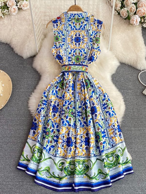 Nyári kifutó, ujjatlan lehajtható gallér, egysoros, A-vonalú női ruha Ünnepi virágnyomó övparti Beach Vestidos