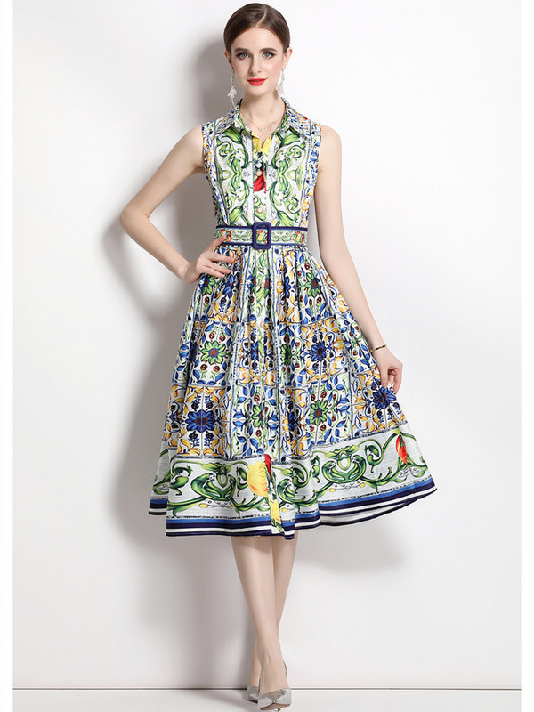 Nyári kifutó, ujjatlan lehajtható gallér, egysoros, A-vonalú női ruha Ünnepi virágnyomó övparti Beach Vestidos