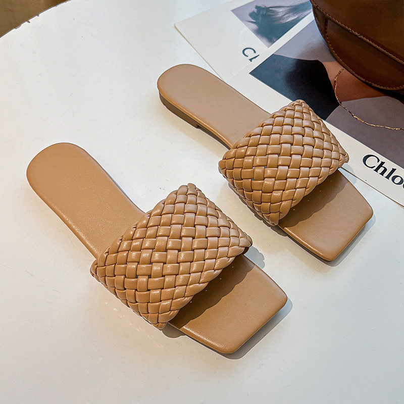 Papuci de femei 2024 de vânzare de vară, împletiți sexy, cu vârful pătrat roșu, papuci plat, papuci de casă de modă, papuci de casă pentru interior