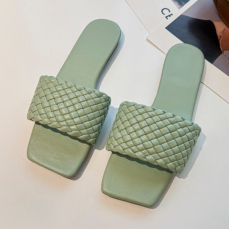 Papuci de femei 2024 de vânzare de vară, împletiți sexy, cu vârful pătrat roșu, papuci plat, papuci de casă de modă, papuci de casă pentru interior