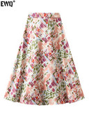 [EWQ] Skaisti modes krāšņi ziedu apdruka, elastīga jostasvieta satīna kontrastkrāsu svārki sievietēm 2024. gada pavasaris vasara 16U8652