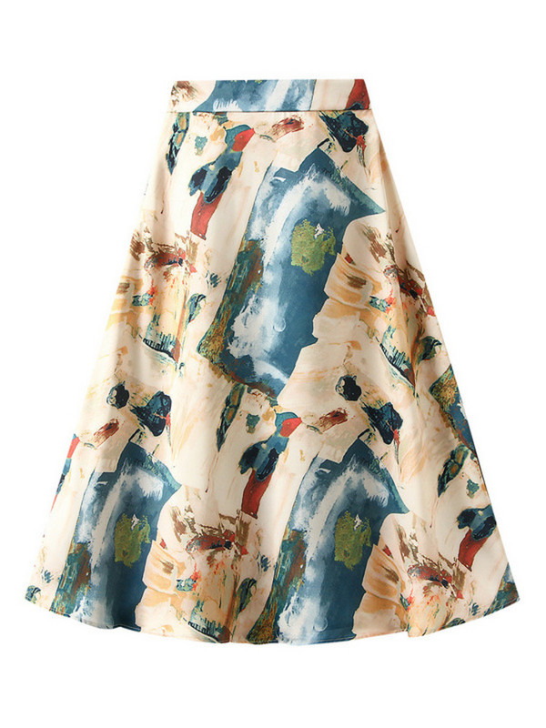 [EWQ] Skaisti modes krāšņi ziedu apdruka, elastīga jostasvieta satīna kontrastkrāsu svārki sievietēm 2024. gada pavasaris vasara 16U8652