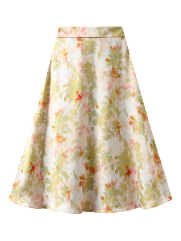 [EWQ] Skaisti modes krāšņi ziedu apdruka, elastīga jostasvieta satīna kontrastkrāsu svārki sievietēm 2024. gada pavasaris vasara 16U8652