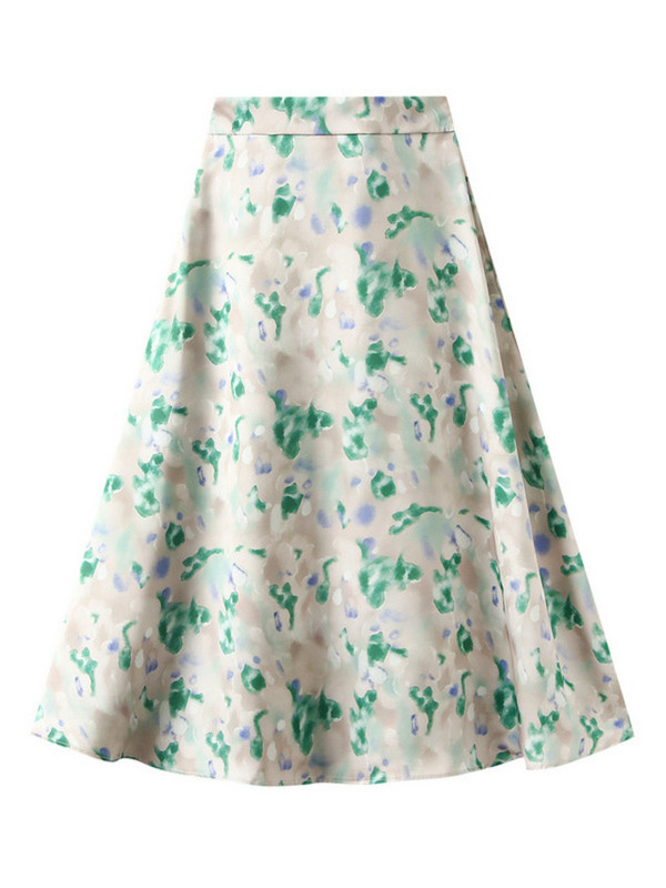 [EWQ] Skaisti modes krāšņi ziedu apdruka, elastīga jostasvieta satīna kontrastkrāsu svārki sievietēm 2024. gada pavasaris vasara 16U8652