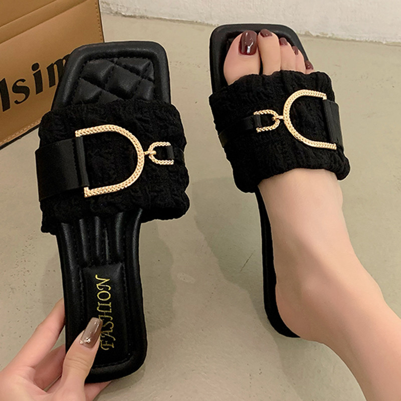 Papuci de vară pentru femei, plat de lux, cu design de cristal, pantofi de plajă în aer liber, sandale, pantofi de marcă, pantofi pentru femei, 2024 nou coreeană