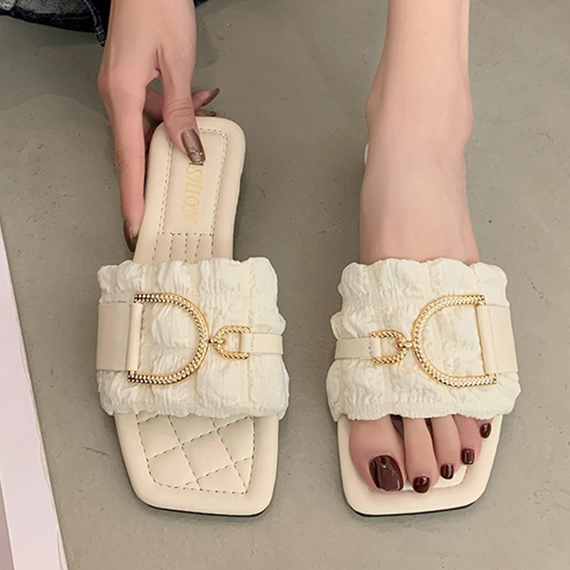 Papuci de vară pentru femei, plat de lux, cu design de cristal, pantofi de plajă în aer liber, sandale, pantofi de marcă, pantofi pentru femei, 2024 nou coreeană