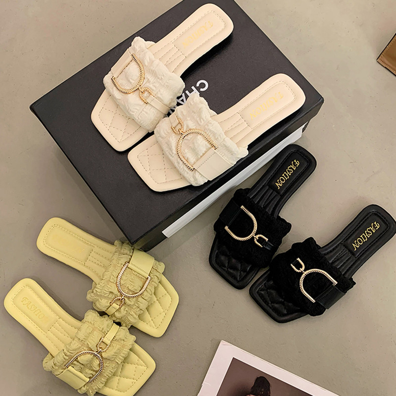 Papuci de vară pentru femei, plat de lux, cu design de cristal, pantofi de plajă în aer liber, sandale, pantofi de marcă, pantofi pentru femei, 2024 nou coreeană