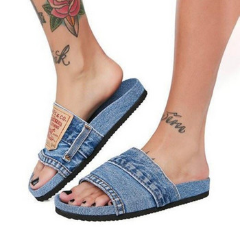Нови дънкови чехли Дамски обувки Нехлъзгащи се удобни летни плоски чехли Дамски пързалки Ежедневни обувки за плаж на открито Дамски
