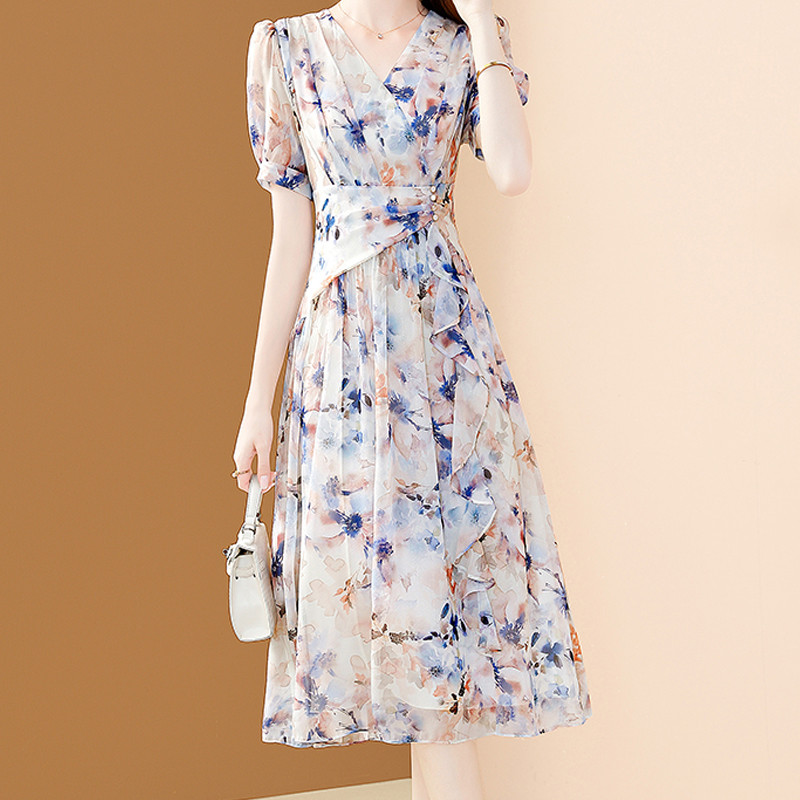 EVNISI Női Elegáns Fodrokkal Sifon ruha Virágos Nyomda Irodai A-vonalú ruhák Elegáns, szabálytalan buli Vestido Női 2024. nyár