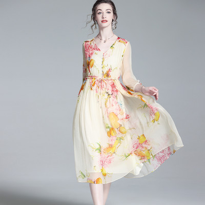 EVNISI Rochie șic din șifon cu imprimare florală pentru femei, elegantă, caise, pentru birou, rochii în linie A, ocazional, pentru petrecere, pentru femei, vara 2024