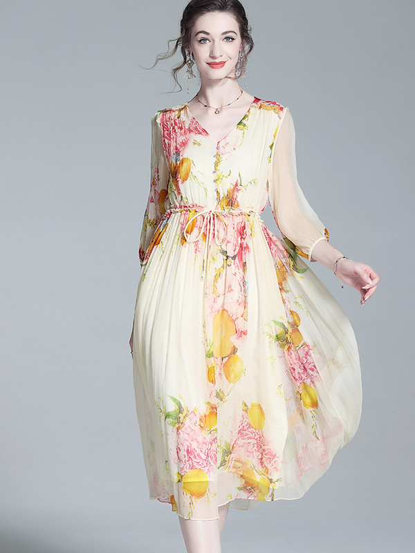 EVNISI Rochie șic din șifon cu imprimare florală pentru femei, elegantă, caise, pentru birou, rochii în linie A, ocazional, pentru petrecere, pentru femei, vara 2024