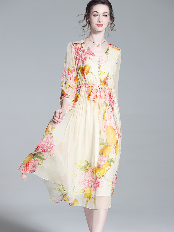 EVNISI Rochie șic din șifon cu imprimare florală pentru femei, elegantă, caise, pentru birou, rochii în linie A, ocazional, pentru petrecere, pentru femei, vara 2024