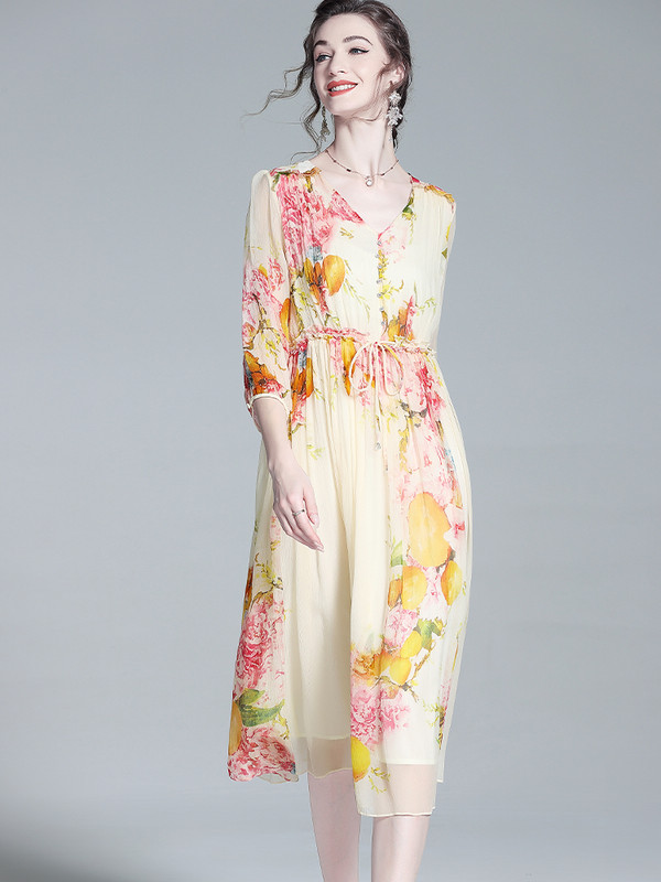 EVNISI Rochie șic din șifon cu imprimare florală pentru femei, elegantă, caise, pentru birou, rochii în linie A, ocazional, pentru petrecere, pentru femei, vara 2024