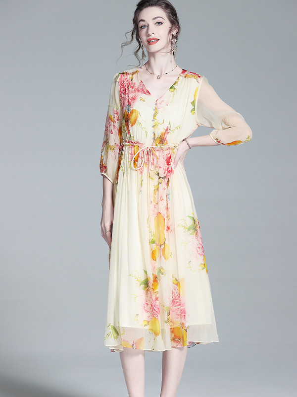 EVNISI Rochie șic din șifon cu imprimare florală pentru femei, elegantă, caise, pentru birou, rochii în linie A, ocazional, pentru petrecere, pentru femei, vara 2024