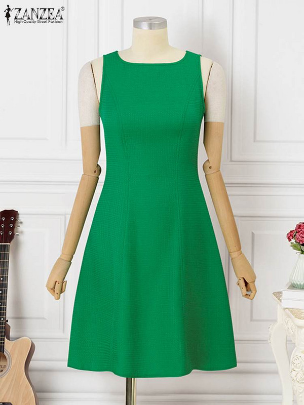 Szexi, ujjatlan tankruha, csónakos nyakú, texturált szövetből készült napruha ZANZEA Elegáns, derekú parti Vestidos 2024 nyári rövid köntös