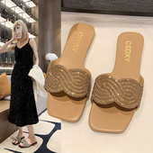 Papuci cu strasuri cu toc plat de vară 2024, sandale cu strasuri de modă pentru femei, papuci de plajă în aer liber de înaltă calitate