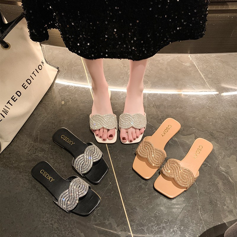 Papuci cu strasuri cu toc plat de vară 2024, sandale cu strasuri de modă pentru femei, papuci de plajă în aer liber de înaltă calitate