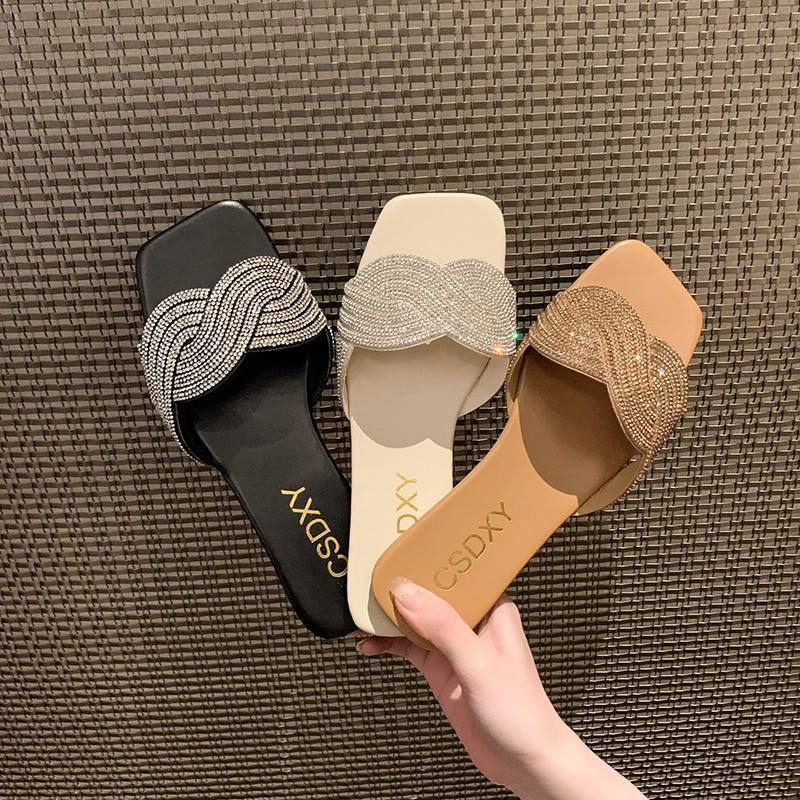 Papuci cu strasuri cu toc plat de vară 2024, sandale cu strasuri de modă pentru femei, papuci de plajă în aer liber de înaltă calitate