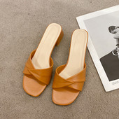 Vară 2023, noua modă, cu vârf deschis, culoare solidă, suprafață din piele simplă, versatilă, culoare bomboană, papuci mari, pantofi cu toc pătrat pentru femei