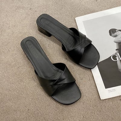 Vară 2023, noua modă, cu vârf deschis, culoare solidă, suprafață din piele simplă, versatilă, culoare bomboană, papuci mari, pantofi cu toc pătrat pentru femei