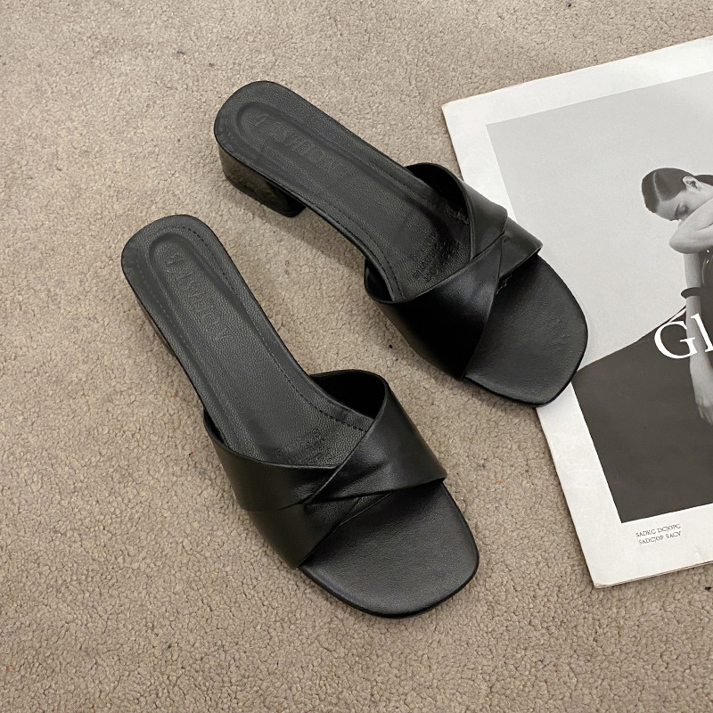 Vară 2023, noua modă, cu vârf deschis, culoare solidă, suprafață din piele simplă, versatilă, culoare bomboană, papuci mari, pantofi cu toc pătrat pentru femei