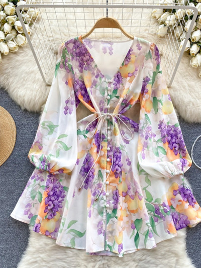 Neploe, slatke, svježe haljine s puf rukavima s V-izrezom i printom, jednoredno kopčanje, elegantni mujer, široki, široki ogrtač s oblogom