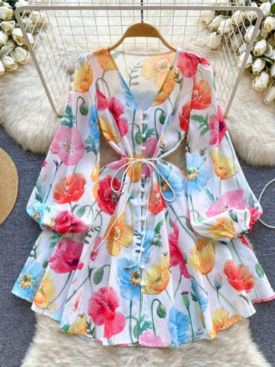 Neploe, slatke, svježe haljine s puf rukavima s V-izrezom i printom, jednoredno kopčanje, elegantni mujer, široki, široki ogrtač s oblogom