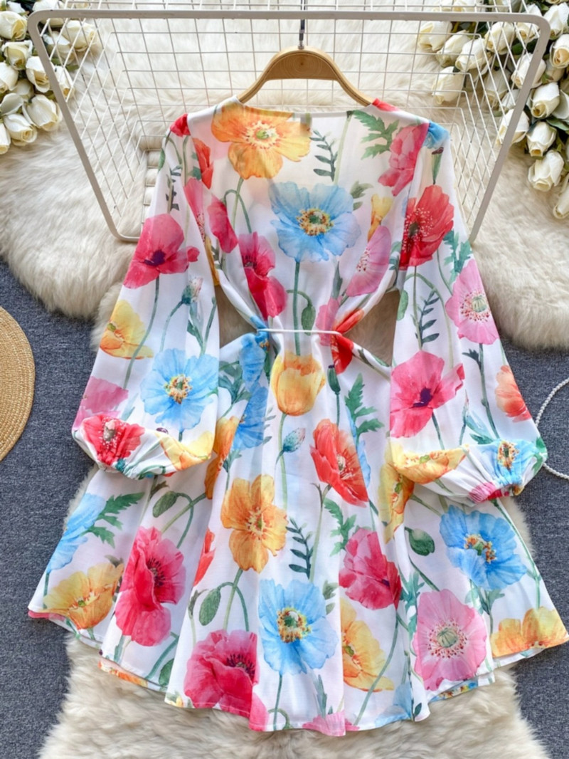 Neploe, slatke, svježe haljine s puf rukavima s V-izrezom i printom, jednoredno kopčanje, elegantni mujer, široki, široki ogrtač s oblogom