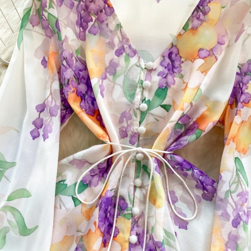 Neploe, slatke, svježe haljine s puf rukavima s V-izrezom i printom, jednoredno kopčanje, elegantni mujer, široki, široki ogrtač s oblogom